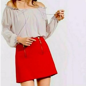 Red A-Line Skirt with Gold Zipper Details